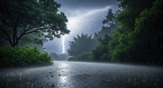 Intense Lightning Strike Over a Wet Forest Road During a Thunderstorm
