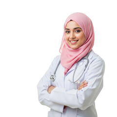 Smiling muslim woman doctor wearing a pink hijab and white lab coat with a stethoscope isolated on transparent background