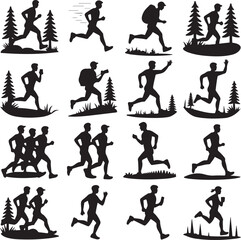 Naklejka premium Adventure Sports & Outdoor Activity Silhouette Vector Bundle – Hiking, Surfing, Climbing, Running, Camping