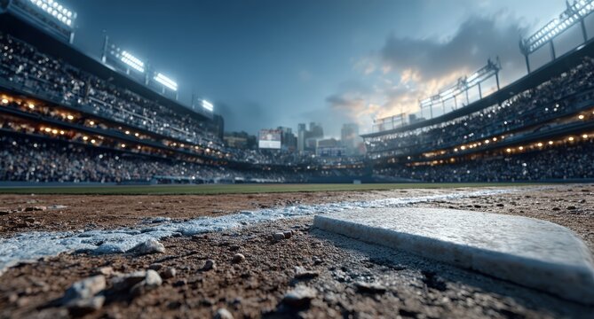 Baseball field perspective with home plate in foreground, stadium lights illuminating the crowd, showcasing an exciting sports atmosphere during a game night