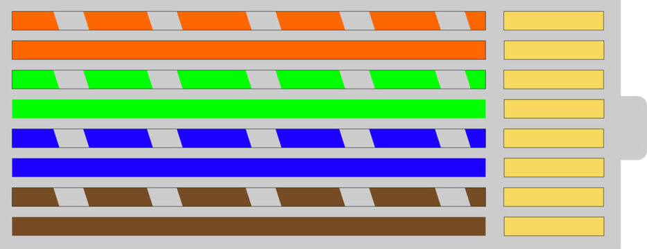 Vector illustration of UTP cable wiring diagram showing RJ45 connector pinout with T568B color coding standard, used for Ethernet and network installation.