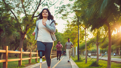 Young active woman jogging with prosthetic leg outdoors in the park for fitness and healthy lifestyle