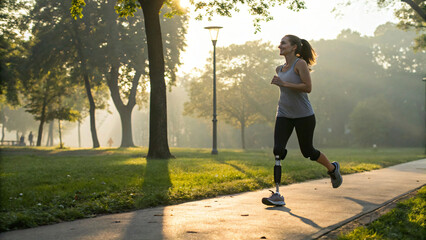 Young active woman jogging with prosthetic leg outdoors in the park for fitness and healthy lifestyle