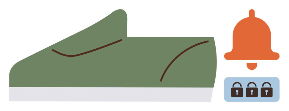 Green sneaker highlights activity paired with orange notification bell and three padlocks. Ideal for fitness, security, alerts, privacy, sports, notifications, warnings. A simple flat metaphor