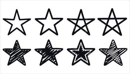 Eight black hand drawn star shapes with varying fill styles on white background stars symbol