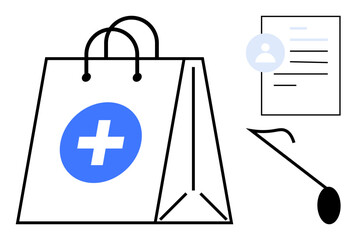 Paper bag with medical cross icon, clipboard with patient details, and stethoscope. Ideal for healthcare, e-commerce, pharmacy, patient care, online medical services, telemedicine simple flat