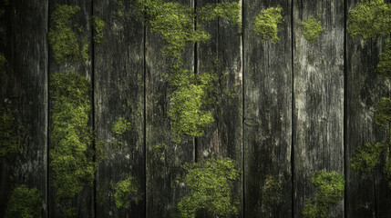 Weathered wooden planks with vibrant green moss, perfect for backgrounds. a close-up of aged wooden planks covered in lush green moss, creating a natural and textured background.