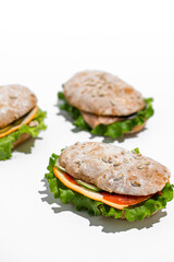 Meat and Salmon Sandwiches with Vegetables and Seeded Buns on White Background