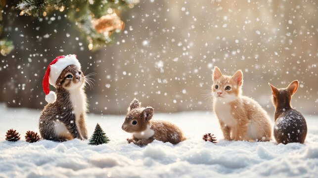 Cute animals celebrating Christmas in the snow - Powered by Adobe