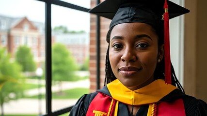 Close-up portrait of a woman in graduation regalia, looking confidently towards the camera, with a blurred university building in the background, signifying achievement and education