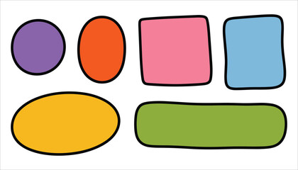 Six colorful rounded shapes on white background purple orange pink blue yellow green abstract banner