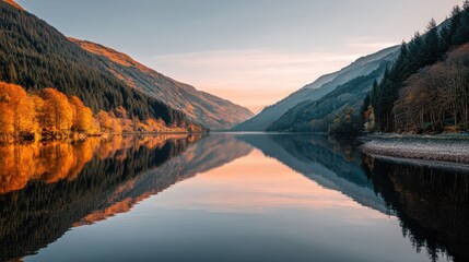 Fototapeta premium Serene Mountain Lake Surrounded by Vibrant Autumn Foliage in Tranquil Landscape at Sunrise