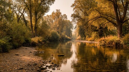 Fototapeta premium Serene Autumn Landscape with Golden Foliage and Calm Water Reflection in a Tranquil River Scene