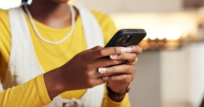 Hands, smartphone and texting in home, web chat or check notification for contact on mobile network. Person, phone and scroll on application, communication and post on social media at apartment