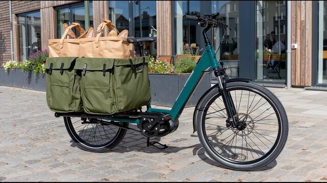 A cargo e-bike with large canvas bags filled with fresh bread stands on a cobblestone street, blending sustainable delivery with artisan bakery traditions and urban charm.