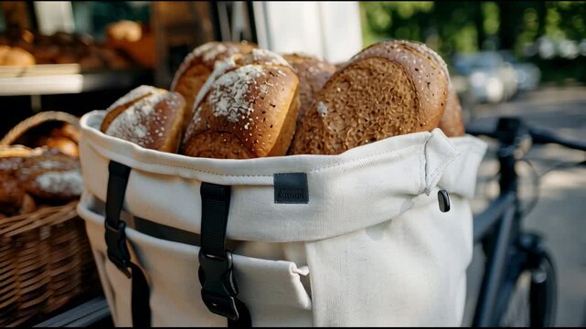 A delivery e-bike with a fabric basket full of bread stands beside a mobile bakery van, blending sustainable transport with artisanal craftsmanship.