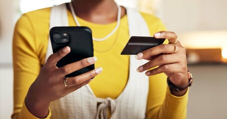 Hands, phone and woman with credit card for payment, online shopping or ecommerce discount. Mobile, debit and person with money for internet banking, digital transaction and financial budget at home