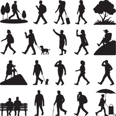 Obraz premium “Adventure & Outdoor Activity Silhouette Vector Bundle – Hiking, Running, Climbing, Camping, and Exploration”