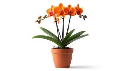 Vivid orange blossoms of a potted flowering plant against a stark white backdrop