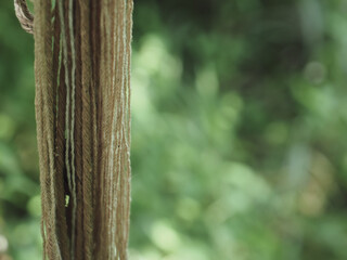 Brown yarn wrapped around a tree branch in a garden, showcasing a warm handmade feel and rustic textures. Perfect for themes of craftsmanship, DIY projects, slow living