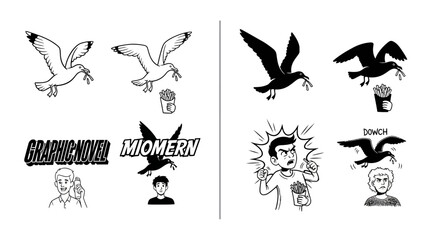 Fototapeta premium A series of illustrations featuring seagulls stealing french fries from people, depicted in both line art and black silhouette styles on a split white and grey background