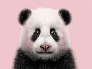 Obraz premium Close-up portrait of a cute panda cub with soft pink background, adorable animal photography