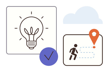 Light bulb, running figure on a path, location pin, checkmark, and cloud illustrating concepts of innovation, goal achievement, planning, progress navigation productivity and success. Ideal