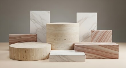 Neutral podium arrangement features marble travertine textures ideal for displaying multiple products