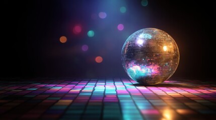 Shiny Disco Ball Reflecting Colorful Lights on Patterned Dance Floor for Nightlife Events and Parties