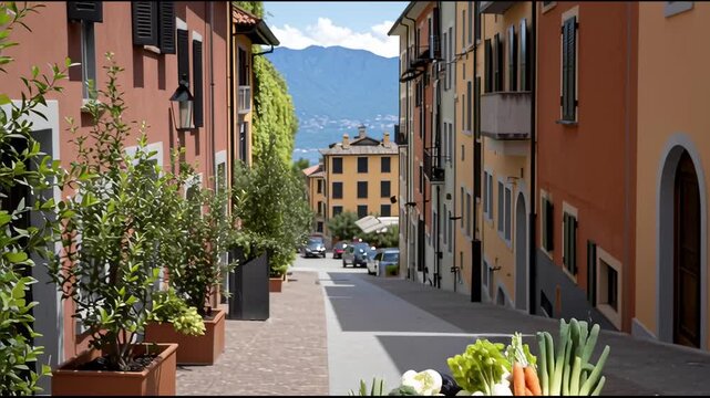 White cargo e-bike loaded with wooden crates of fresh vegetables and bread stands in a sunlit alley between colorful buildings, symbolizing clean local delivery and Mediterranean sustainability.