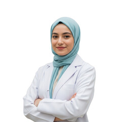 Professional muslim woman doctor wearing a white lab coat and blue hijab smiling confidently with arms crossed isolated on transparent background