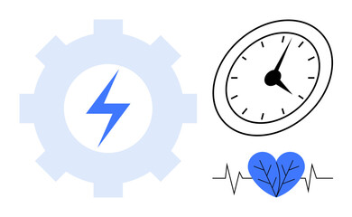 Gear with lightning bolt, clock, and heart with heartbeat lines emphasize productivity, health, efficiency, and vitality. Ideal for wellness, fitness, energy time management healthcare