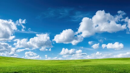 Fototapeta premium Lush Green Field Under a Bright Blue Sky with Fluffy White Clouds Perfect for Landscape Photography and Nature Backgrounds