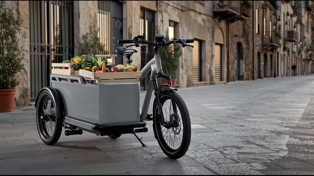 Silver cargo e-trike loaded with fresh fruits and vegetables rests on a coastal cobblestone street at sunset, combining historic charm with sustainable urban delivery and Mediterranean light.