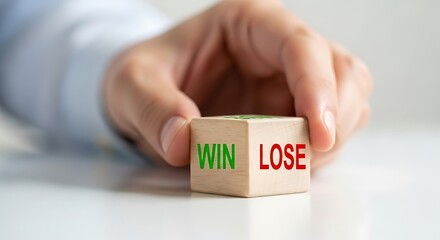 Hand holding a wooden cube with the words win and lose on its sides, symbolizing choice and decision making in business or life