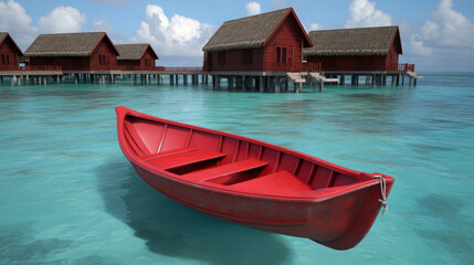 Red boat floating on turquoise water near overwater bungalows, tropical sunset scenery calm