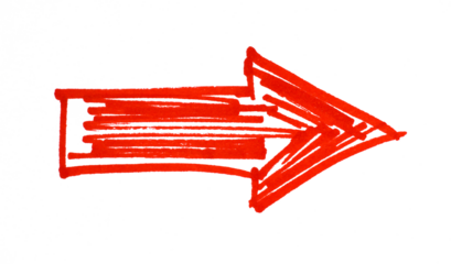 Hand drawn red brush stroke arrow on transparent background