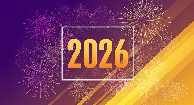 Celebrate the arrival of the new year 2026 with a vibrant display of fireworks and a golden gradient background signifying prosperity and a bright future ahead
