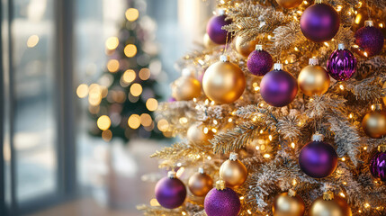 Decorative gold and purple christmas tree with ornaments