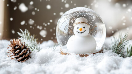 A delicate snow globe with a smiling snowman rests among real snow and a pine cone, as soft snowflakes fall in a cozy winter setting, leaving space for your text