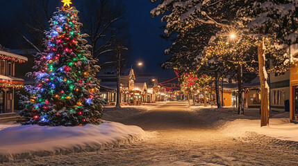 Snowy night scene with a decorated Christmas tree and festive lights in a small town