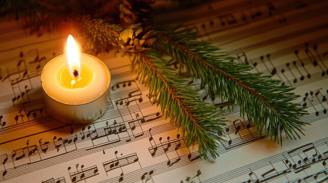 Close-up of Silent Night sheet music with a burning candle and pine sprig , silent night score, christmas music