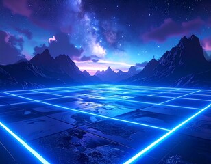 A fantastical landscape with mountains silhouetted against a nebula sky and a glowing blue grid surface