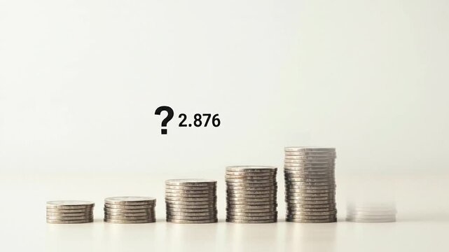 Stack of coins increasing in height with a question mark and numerical value suggesting financial uncertainty or a query about value