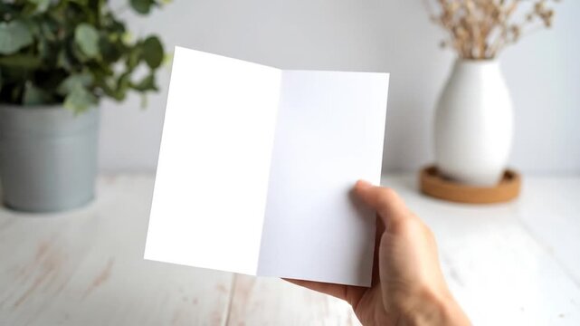 Blank card held up with closeup, and white desk.
