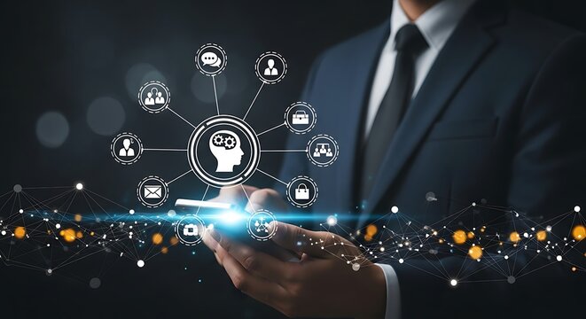 Businessman holding a smartphone with a network of artificial intelligence and technology icons connected to a central brain symbol