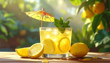 A refreshing drink sits on a wooden surface, adorned with lemon slices, a tiny umbrella, and mint leaves, with a sunlit background of lemons