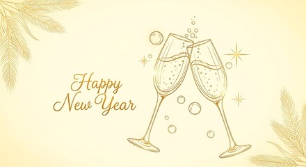 Elegant golden outline sketch of two champagne glasses clinking together with sparkling bubbles and festive happy new year text perfect for celebratory greetings and holiday designs