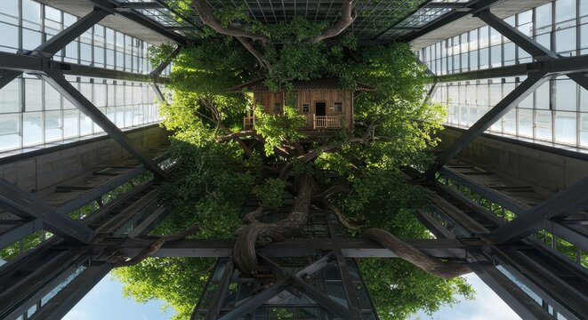 Elevated wooden structure nestled within abundant foliage inside a modern architectural space