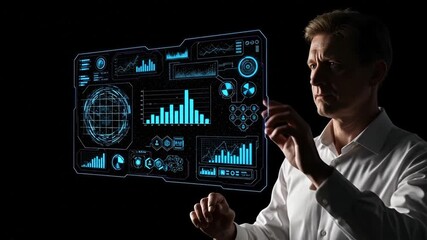 A businessman in a white shirt interacts with a futuristic digital interface, touching a holographic screen displaying complex data charts and analytics - Powered by Adobe